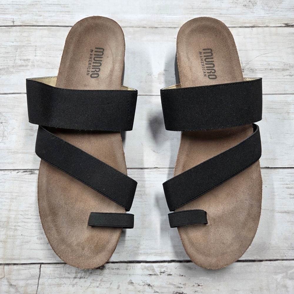 Munro American Aries Sandals Women 8.5 N Black Elastic Toe‎ Loop Wedge S15